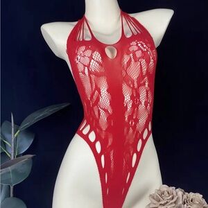 Red Lace Halter Bodysuit
